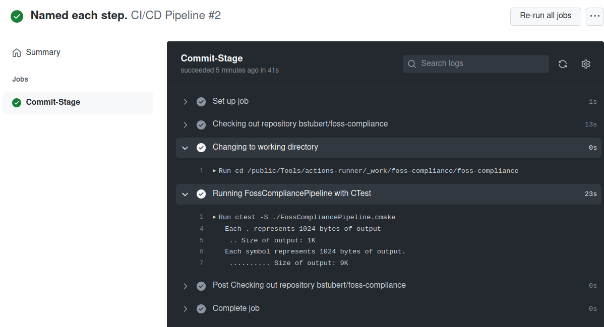 The screenshot shows each step of the job Comit-Stage and the execution log for changing to the working directory and for running FossCompliancePipeline with CTest.