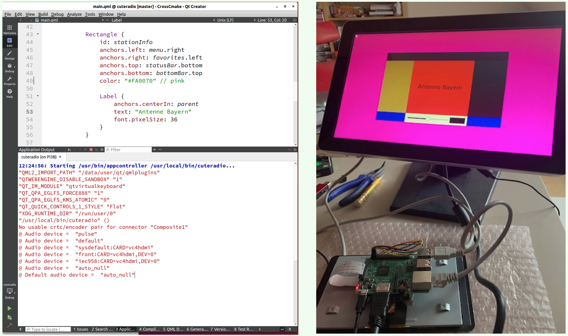 Run Step: Messages in Application pane and modified app on embedded device
